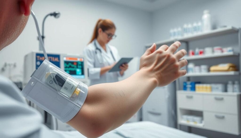 A clinical setting with a patient undergoing chemotherapy for prostate cancer. In the foreground, a close-up of a patient's arm with an intravenous drip, the skin marked with needle punctures. In the middle ground, a nurse carefully monitoring the patient's vital signs on a monitor. In the background, medical equipment and shelves of pharmaceutical supplies create a sterile, technology-driven atmosphere. Soft, diffused lighting illuminates the scene, conveying a sense of care and professionalism. The overall mood is one of controlled medical intervention, focused on treating the patient's condition. A clinical setting with a patient undergoing chemotherapy for prostate cancer. In the foreground, a close-up of a patient's arm with an intravenous drip, the skin marked with needle punctures. In the middle ground, a nurse carefully monitoring the patient's vital signs on a monitor. In the background, medical equipment and shelves of pharmaceutical supplies create a sterile, technology-driven atmosphere. Soft, diffused lighting illuminates the scene, conveying a sense of care and professionalism. The overall mood is one of controlled medical intervention, focused on treating the patient's condition.