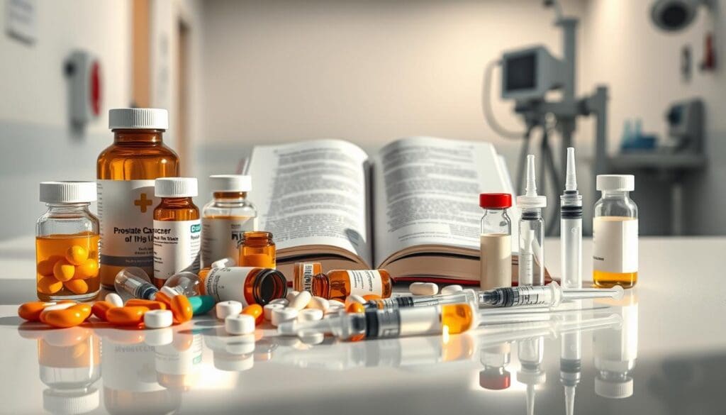 A still life arrangement of various chemotherapy drugs commonly used to treat prostate cancer. The foreground features several pill bottles, syringes, and vials of liquid medications, meticulously arranged on a clean, reflective surface. In the middle ground, there is a medical reference book open to a page discussing prostate cancer treatments. The background is a soft, out-of-focus hospital setting, with subtle hints of medical equipment and sterile white walls. The lighting is warm and directional, creating dramatic shadows and highlights that accentuate the textures and shapes of the pharmaceuticals. The overall mood is one of clinical professionalism, conveying the seriousness and importance of these treatments for prostate cancer patients. A still life arrangement of various chemotherapy drugs commonly used to treat prostate cancer. The foreground features several pill bottles, syringes, and vials of liquid medications, meticulously arranged on a clean, reflective surface. In the middle ground, there is a medical reference book open to a page discussing prostate cancer treatments. The background is a soft, out-of-focus hospital setting, with subtle hints of medical equipment and sterile white walls. The lighting is warm and directional, creating dramatic shadows and highlights that accentuate the textures and shapes of the pharmaceuticals. The overall mood is one of clinical professionalism, conveying the seriousness and importance of these treatments for prostate cancer patients.